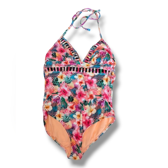 OP One Piece Swimsuit Bathing Suit Tropical Floral Cut Out Detail Vintage Size M - Picture 2 of 7